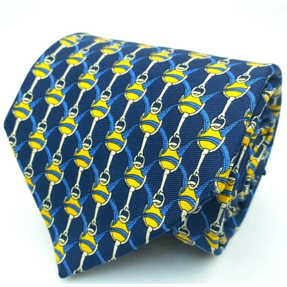 BROOKS BROTHERS MAKERS All Silk Equestrian Motif Blue Yellow Necktie Made in USA